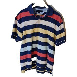 Vintage Tommy Hilfiger Striped Polo, L. Blue, White, Red, yellow 100% Cotton